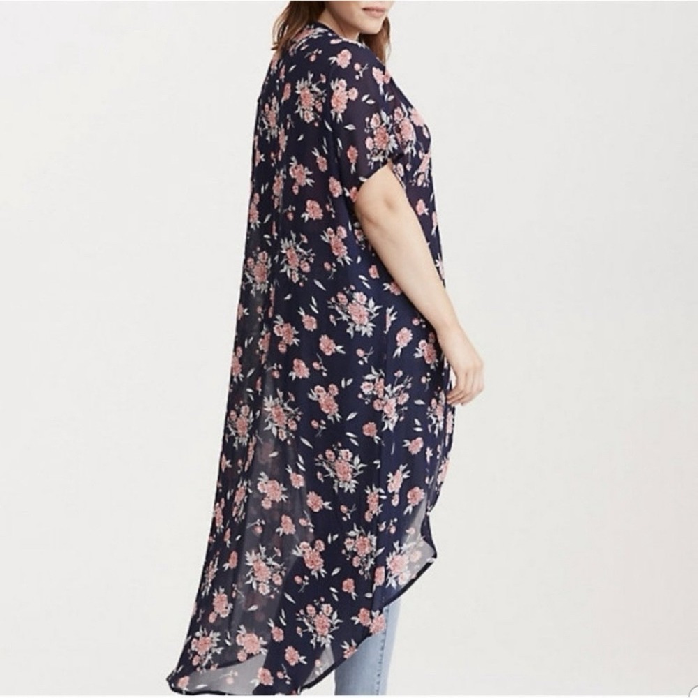 Torrid Blue Pink Floral Sheer Chiffon Duster Open Kimono Boho Layers Size 3X 4X‎ - Picture 2 of 10